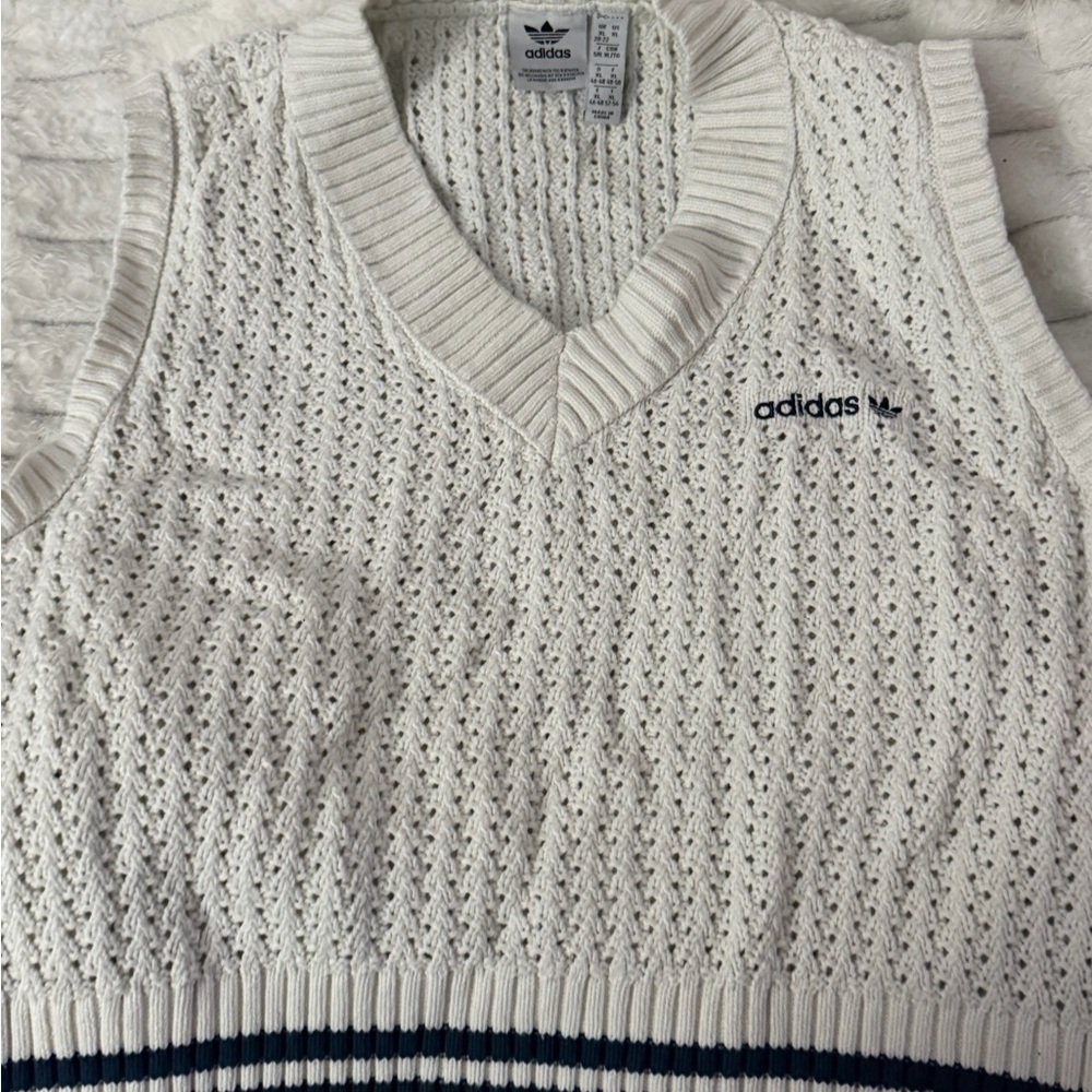 adidas Women's White V-Neck Cable Knit Sweater Vest with Navy Trim